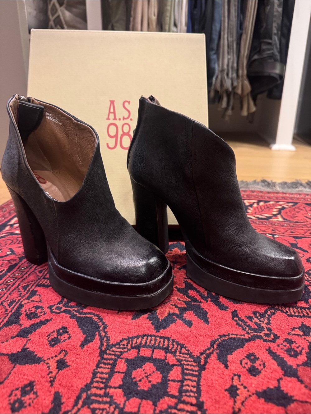 A.S.98 Black Leather Platform Ankle Booties